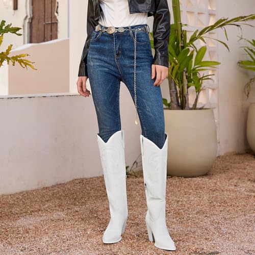 ISNOM White Cowboy Boots for Women Cowgirl Western Boots Women Knee High Boots Knee High Western Boots Tall Cowboy Boot Womens Wide Calf Cowgirl Boot - Image 5