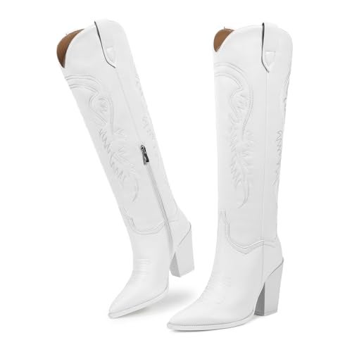 ISNOM White Cowboy Boots for Women Cowgirl Western Boots Women Knee High Boots Knee High Western Boots Tall Cowboy Boot Womens Wide Calf Cowgirl Boot - Image 3