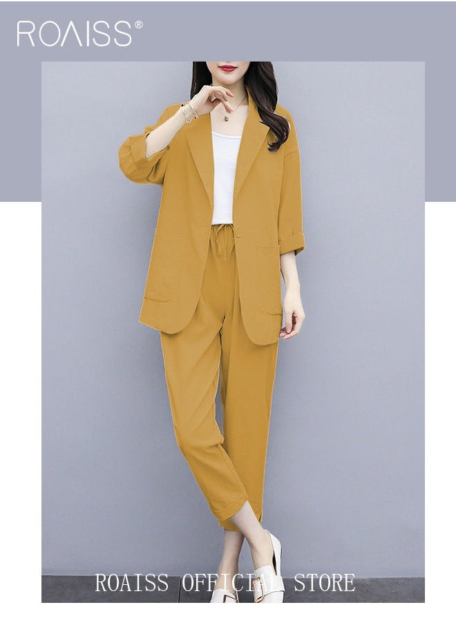 roaiss Ladies Stylish Cotton Linen 2-Piece Suit- Blazer and Cropped Trousers Set with Large Pocket Design and Belt for Daily Commute and Leisure - Simple Loose Fit  - Image 4