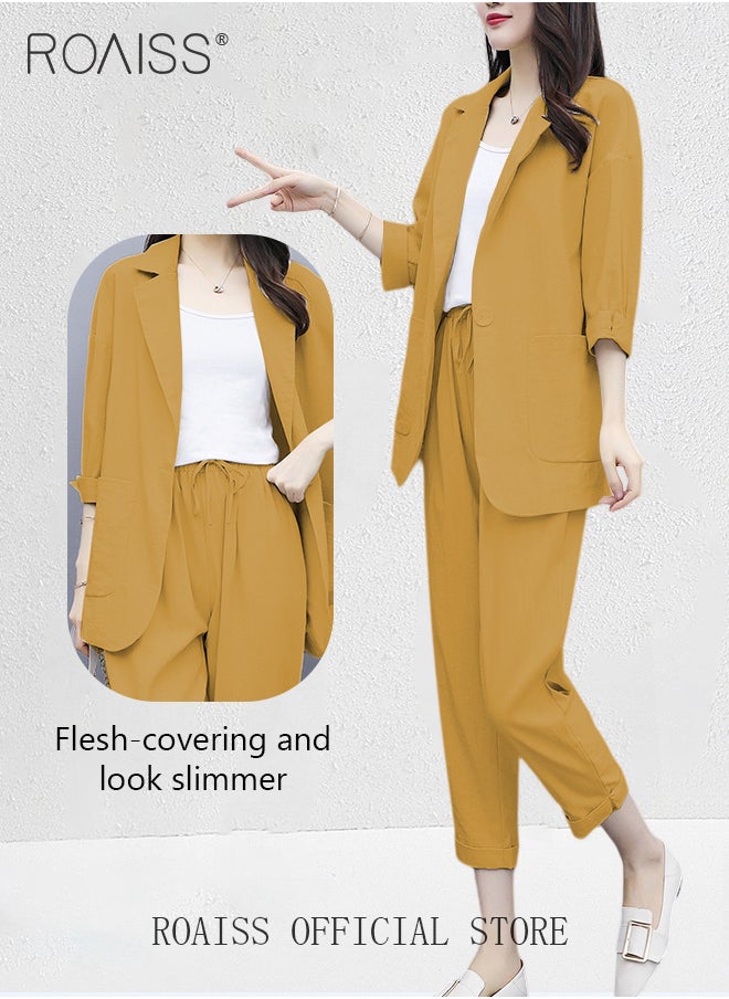 roaiss Ladies Stylish Cotton Linen 2-Piece Suit- Blazer and Cropped Trousers Set with Large Pocket Design and Belt for Daily Commute and Leisure - Simple Loose Fit  - Image 1