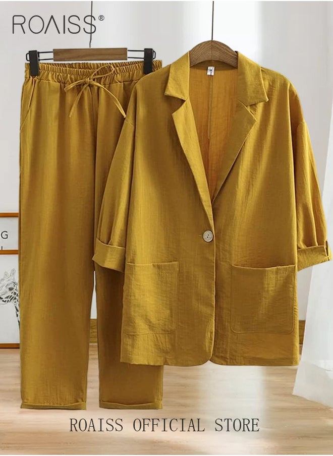 roaiss Ladies Stylish Cotton Linen 2-Piece Suit- Blazer and Cropped Trousers Set with Large Pocket Design and Belt for Daily Commute and Leisure - Simple Loose Fit  - Image 3