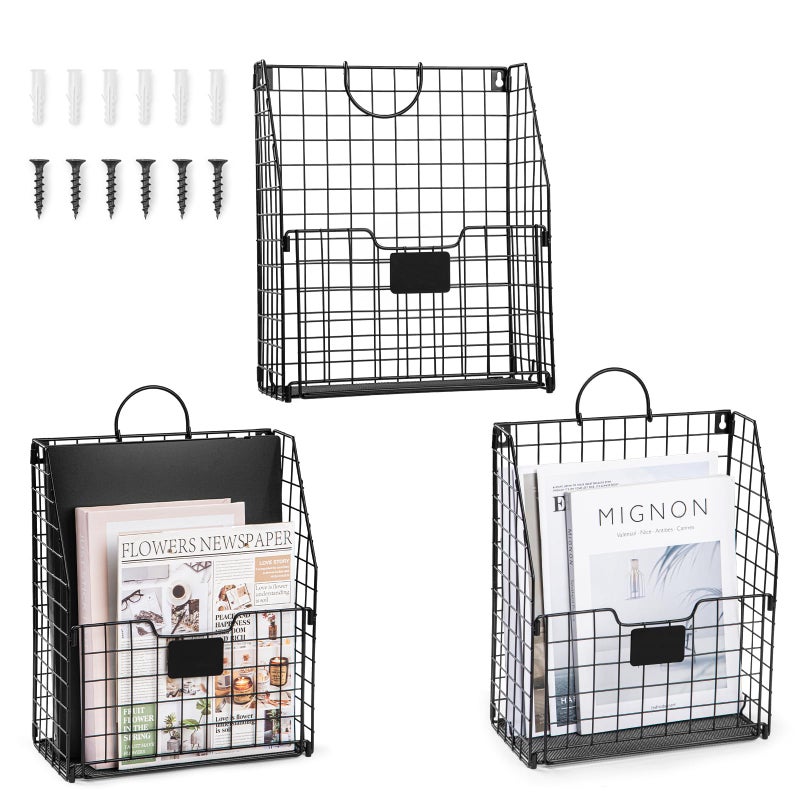 WantuSee Wall Mounted Metal Magazine Rack 3 Packs Hanging Magazine Book Organizer with Handle for Bedroom Door Dorm Office Entryway Black - Image 2