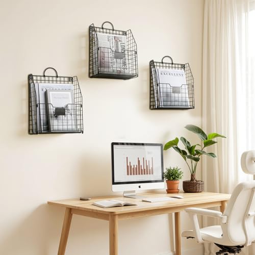 WantuSee Wall Mounted Metal Magazine Rack 3 Packs Hanging Magazine Book Organizer with Handle for Bedroom Door Dorm Office Entryway Black - Image 3