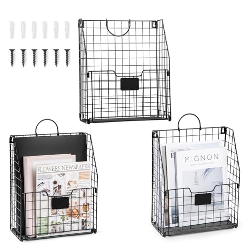 WantuSee Wall Mounted Metal Magazine Rack 3 Packs Hanging Magazine Book Organizer with Handle for Bedroom Door Dorm Office Entryway Black - Image 1
