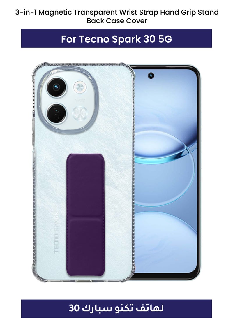 3-in-1 Magnetic Transparent Wrist Strap Hand Grip Stand Back Case Cover for Tecno Spark 30 5G-Clear/Dark Purple