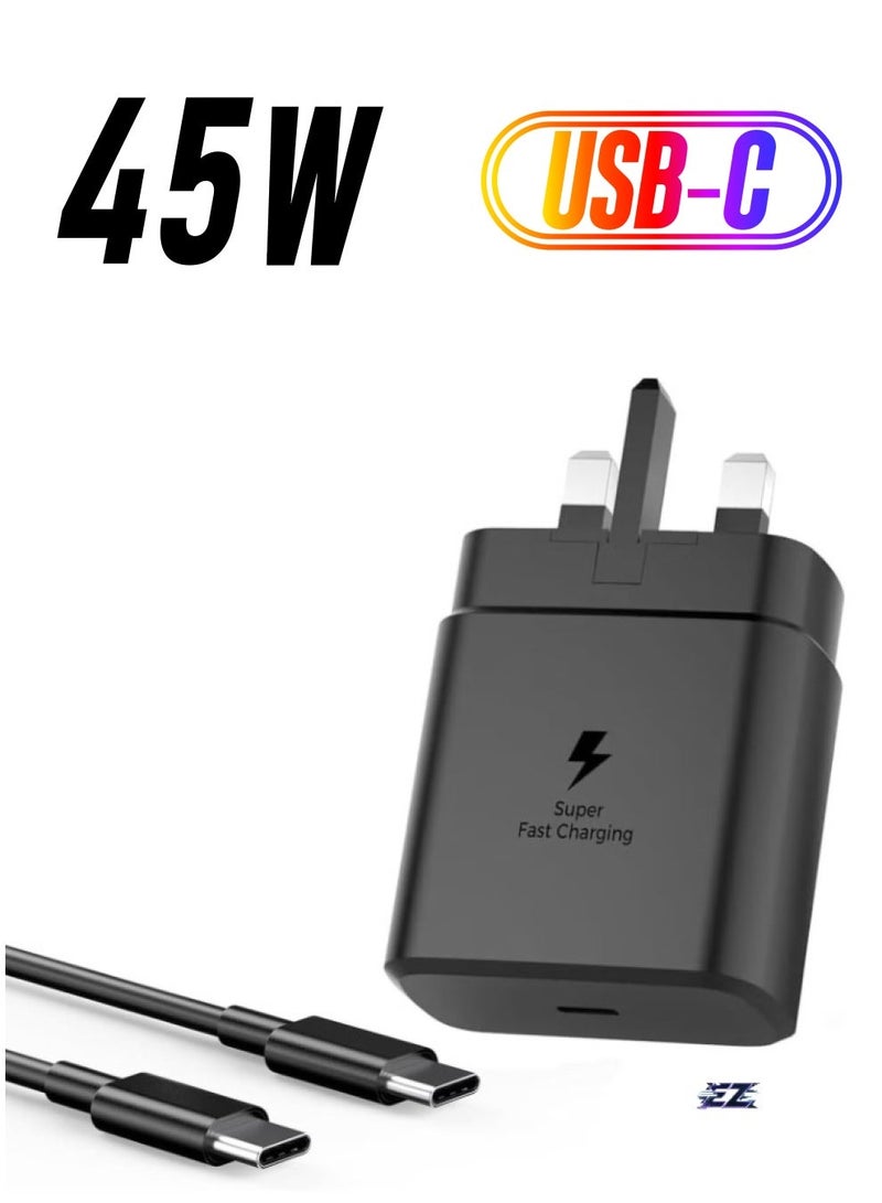 MUNTAQI Fast Charger for Samsung Galaxy – 45W Charger Head with Charging Cable, Travel Adapter, Super-Fast Charging (UK Plug with USB Type-C Cable), Black - Image 1