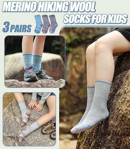 FNOVCO Kids Merino Wool Socks Boys Winter Warm Thick Thermal Cushion Hiking Socks 3 Pairs (8-12 Years, Solid Color B) - Image 5