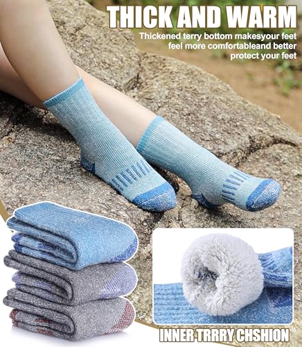 FNOVCO Kids Merino Wool Socks Boys Winter Warm Thick Thermal Cushion Hiking Socks 3 Pairs (8-12 Years, Solid Color B) - Image 2