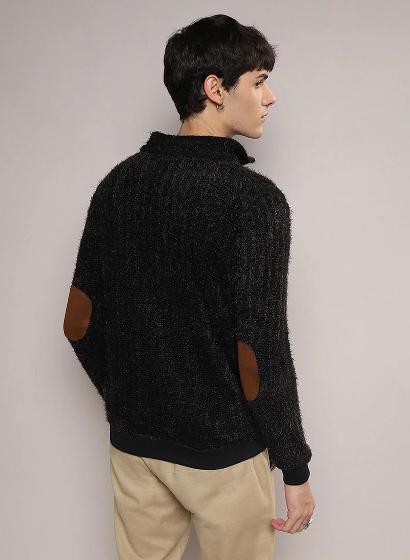 Campus Sutra Men's Onyx Black Zip-Front Tactile Fur-Knit Sweater