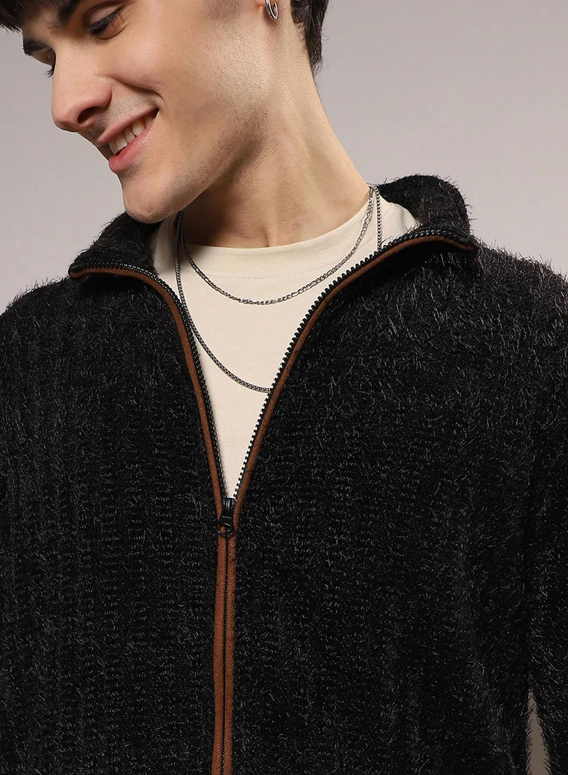 Campus Sutra Men's Onyx Black Zip-Front Tactile Fur-Knit Sweater