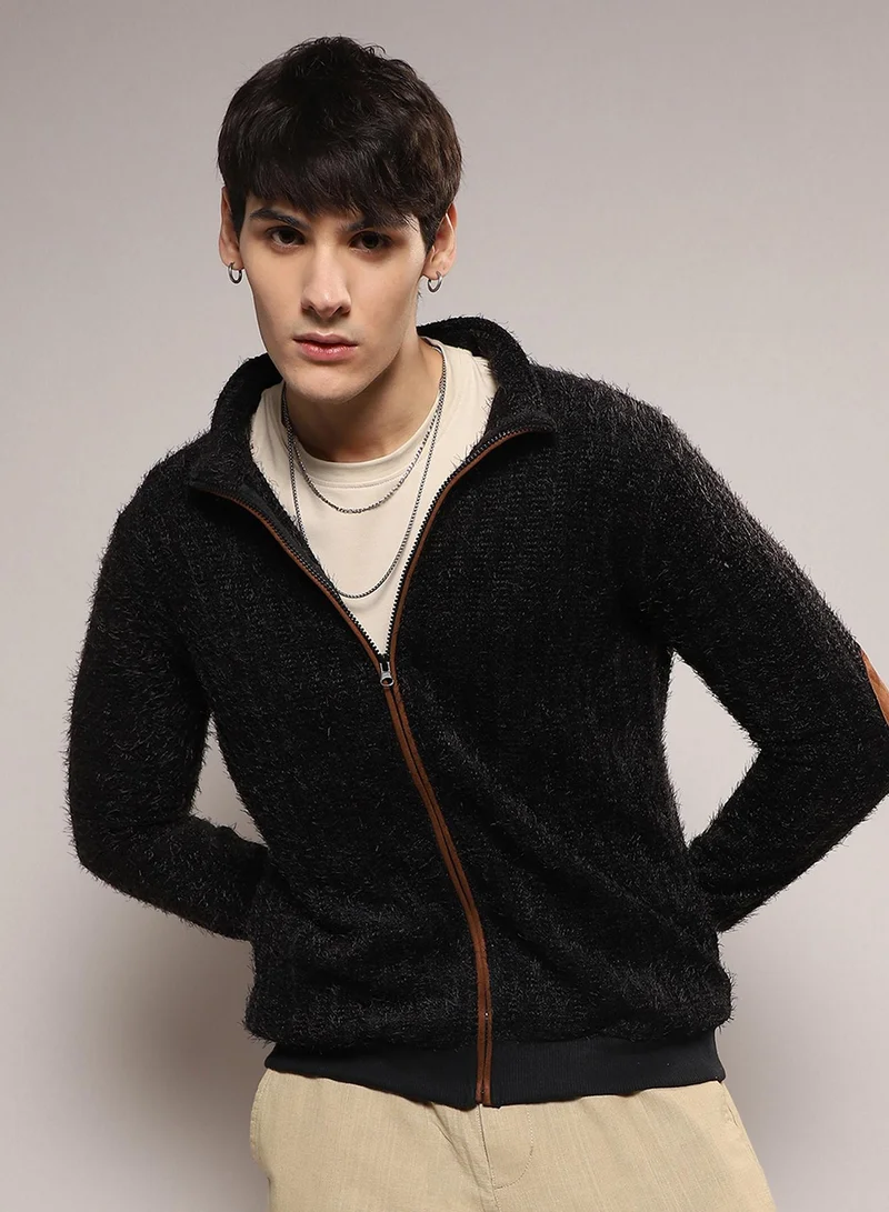 Campus Sutra Men's Onyx Black Zip-Front Tactile Fur-Knit Sweater