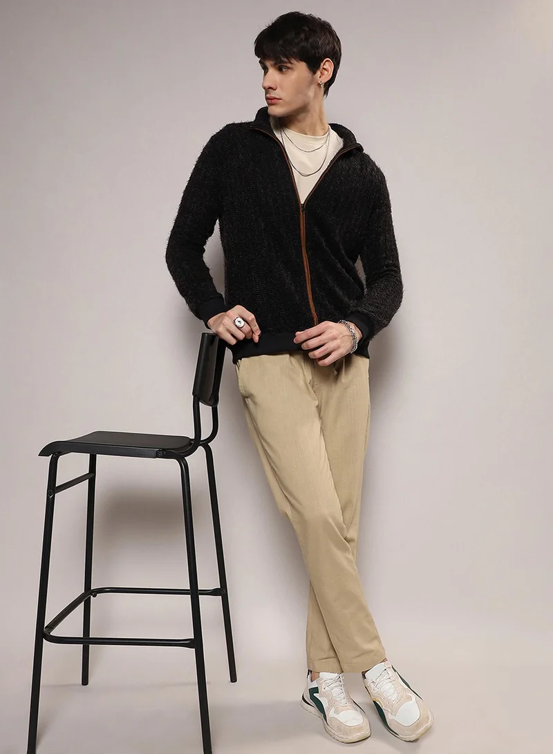 Campus Sutra Men's Onyx Black Zip-Front Tactile Fur-Knit Sweater