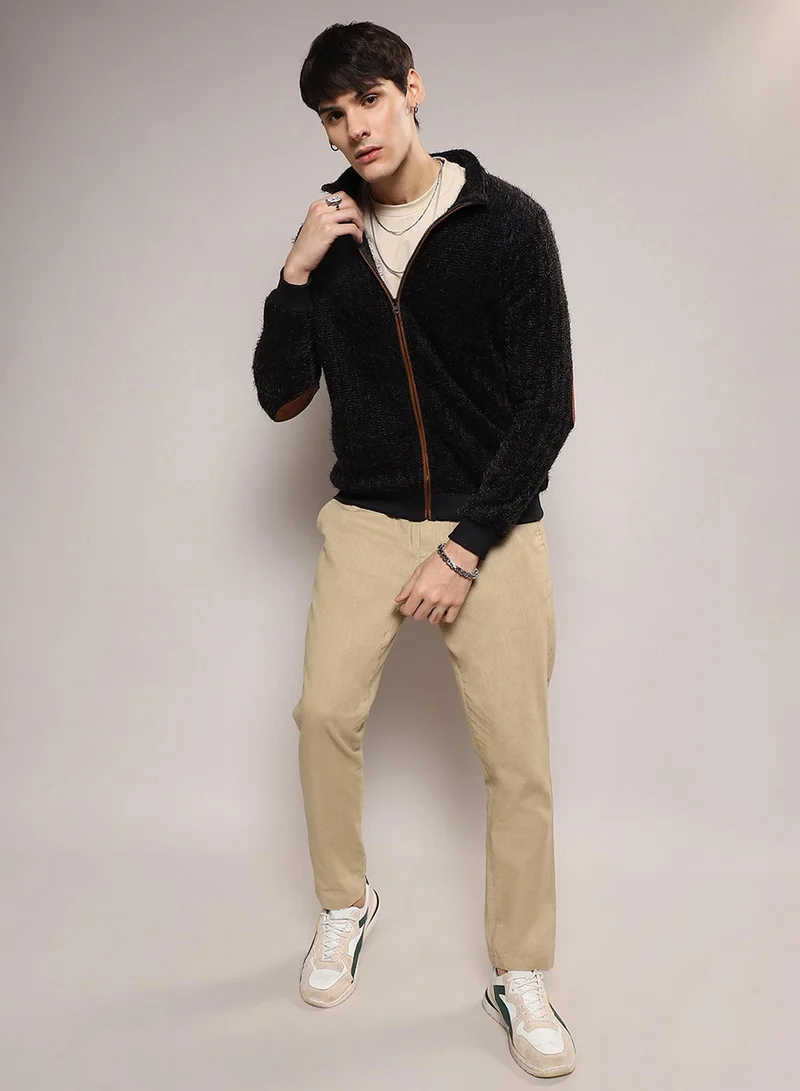 Campus Sutra Men's Onyx Black Zip-Front Tactile Fur-Knit Sweater