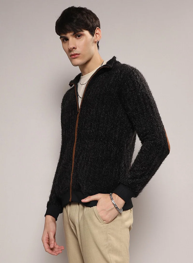 Campus Sutra Men's Onyx Black Zip-Front Tactile Fur-Knit Sweater