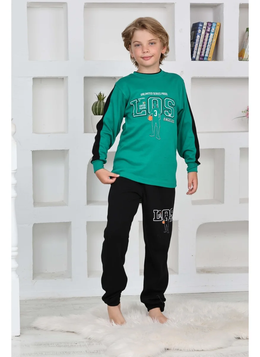 Mutlu City Boy Gez Garson Los Basketball Patterned Long Sleeve Cotton Interlock Pajama Set 5158-GREEN