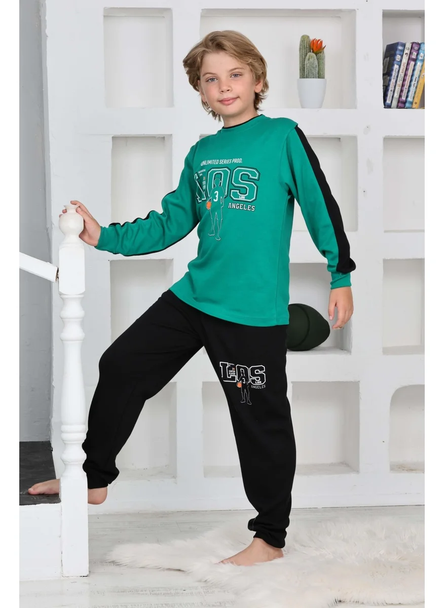 Mutlu City Boy Gez Garson Los Basketball Patterned Long Sleeve Cotton Interlock Pajama Set 5158-GREEN