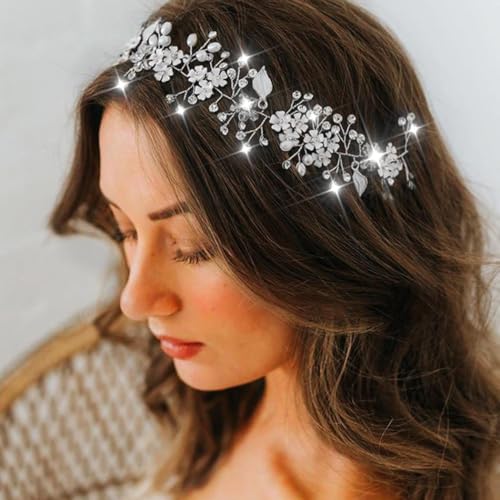 Unsutuo Flower Bride Wedding Headbands Silver Crystal Bridal Headpieces Leaves Hair Vine for Women and Girls (Silver) - Image 5