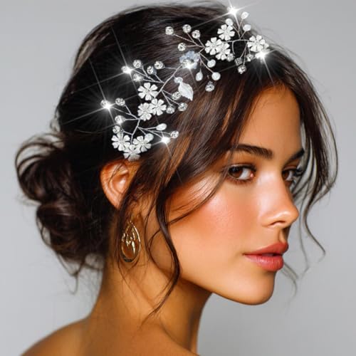 Unsutuo Flower Bride Wedding Headbands Silver Crystal Bridal Headpieces Leaves Hair Vine for Women and Girls (Silver) - Image 3
