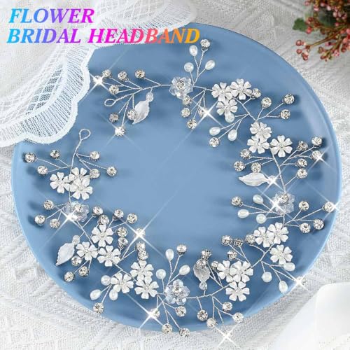 Unsutuo Flower Bride Wedding Headbands Silver Crystal Bridal Headpieces Leaves Hair Vine for Women and Girls (Silver) - Image 2