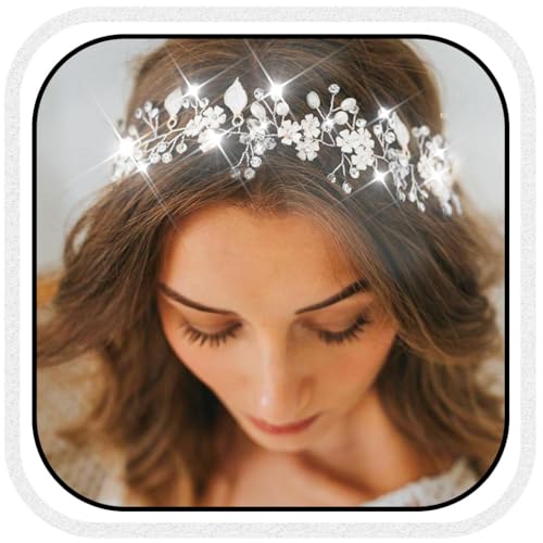 Unsutuo Flower Bride Wedding Headbands Silver Crystal Bridal Headpieces Leaves Hair Vine for Women and Girls (Silver) - Image 1