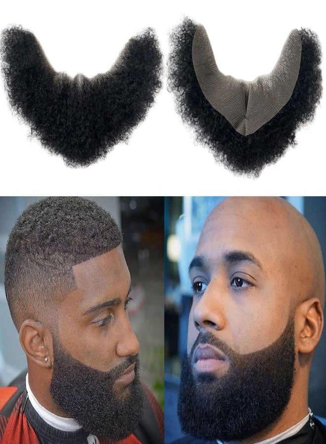 Voloria Human Hair Afro Curl Face Beard Mustache for American Black Men Realistic Makeup Lace Base Replace System 12 * 3Inch (1B Black Color) - Image 1