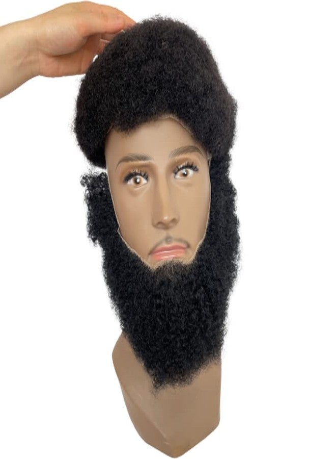 Voloria Human Hair Afro Curl Face Beard Mustache for American Black Men Realistic Makeup Lace Base Replace System 12 * 3Inch (1B Black Color) - Image 5
