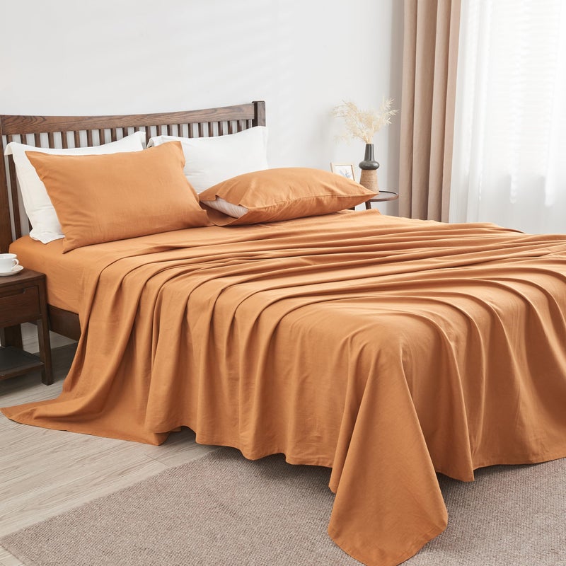 SimpleOpulence Belgian Linen Sheet Set Solid Color  4 Pieces 1 Flat Sheet 1 Fitted Sheet  2 Pillowcases Natural Flax Cotton Blend Soft Breathable Farmhouse Bedding  Queen Size Rust