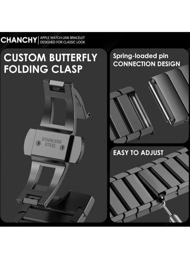 Stainless Steel Band for Apple Watch Ultra & Series 8 7 6 5 4 3 2 1 – Premium Metal Strap with Folding Clasp for Men | Compatible with 49mm, 45mm, 44mm, 42mm | Black Replacement Strap for Apple Watch – Stylish & Durable Wristband