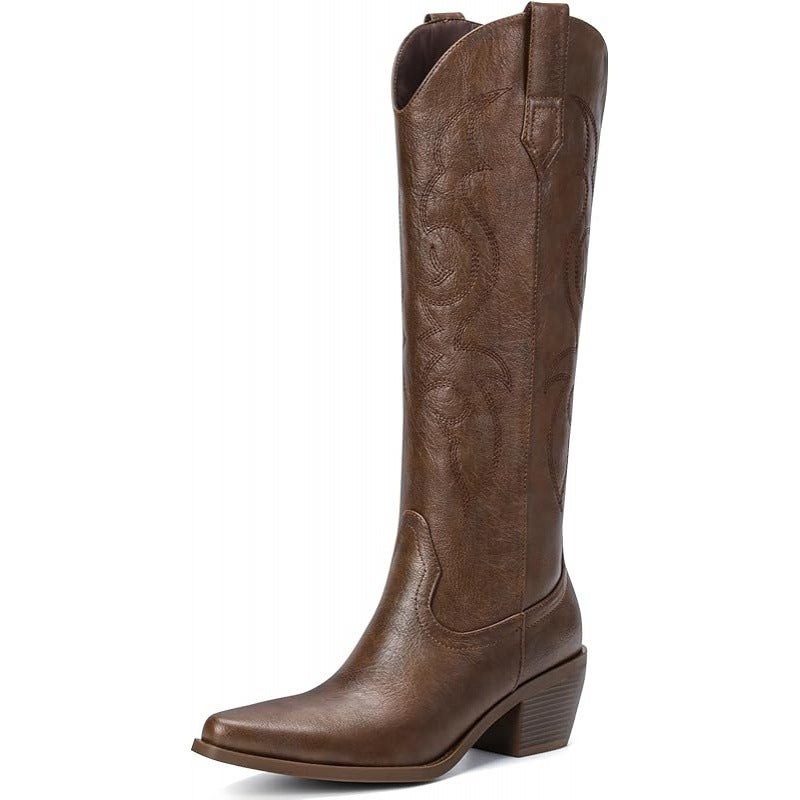 Western Cowboy Boots Women – Knee High Wide Calf Female High Boots Classic Embroidery Slip-On Pointed Toe Chunky Heel - Image 1