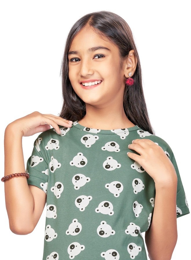 BLOEM Nightdress for Girls | Cotton Blend Knee Length Half Sleeve Casual Dress for Girls | Girls Nightgown/Nightdress-GreenPanda-11-12Years - Image 2