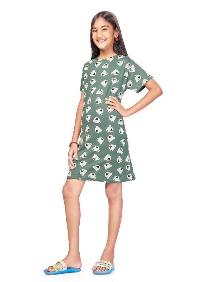 BLOEM Nightdress for Girls | Cotton Blend Knee Length Half Sleeve Casual Dress for Girls | Girls Nightgown/Nightdress-GreenPanda-11-12Years - Image 3