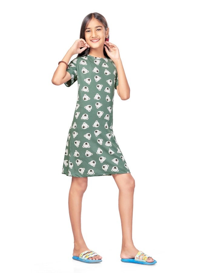 BLOEM Nightdress for Girls | Cotton Blend Knee Length Half Sleeve Casual Dress for Girls | Girls Nightgown/Nightdress-GreenPanda-11-12Years - Image 4