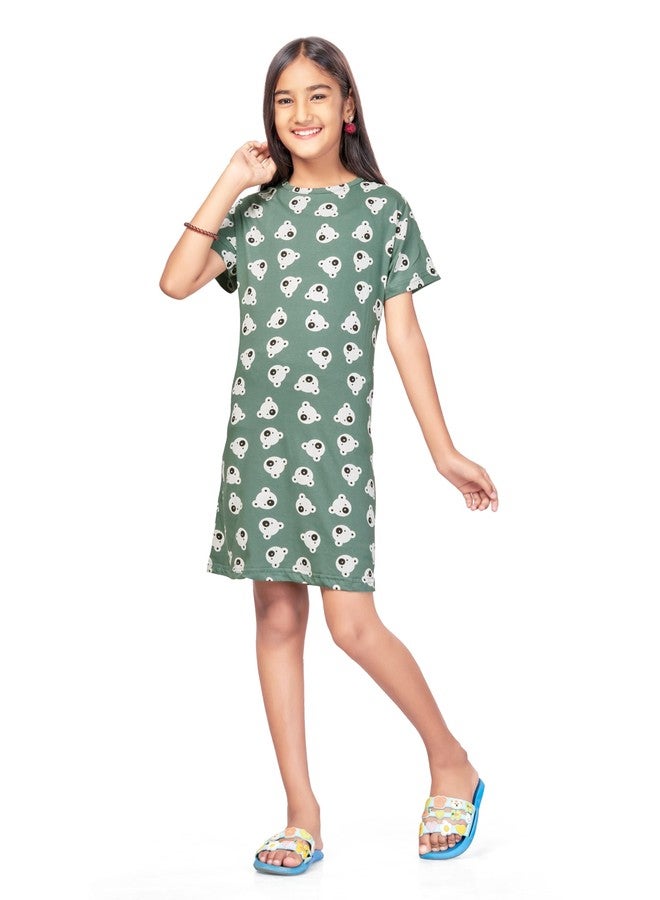 BLOEM Nightdress for Girls | Cotton Blend Knee Length Half Sleeve Casual Dress for Girls | Girls Nightgown/Nightdress-GreenPanda-11-12Years - Image 5