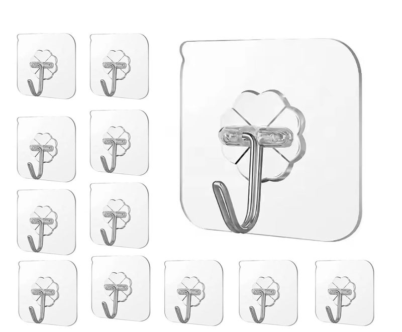 Heavy Duty Self Adhesive Wall Hooks for Hanging No Drill StickOn Hooks for Clothes Kitchen Bathroom and Home Decor Transparent Sticky Wall Hangers Pack of 12  - Image 1
