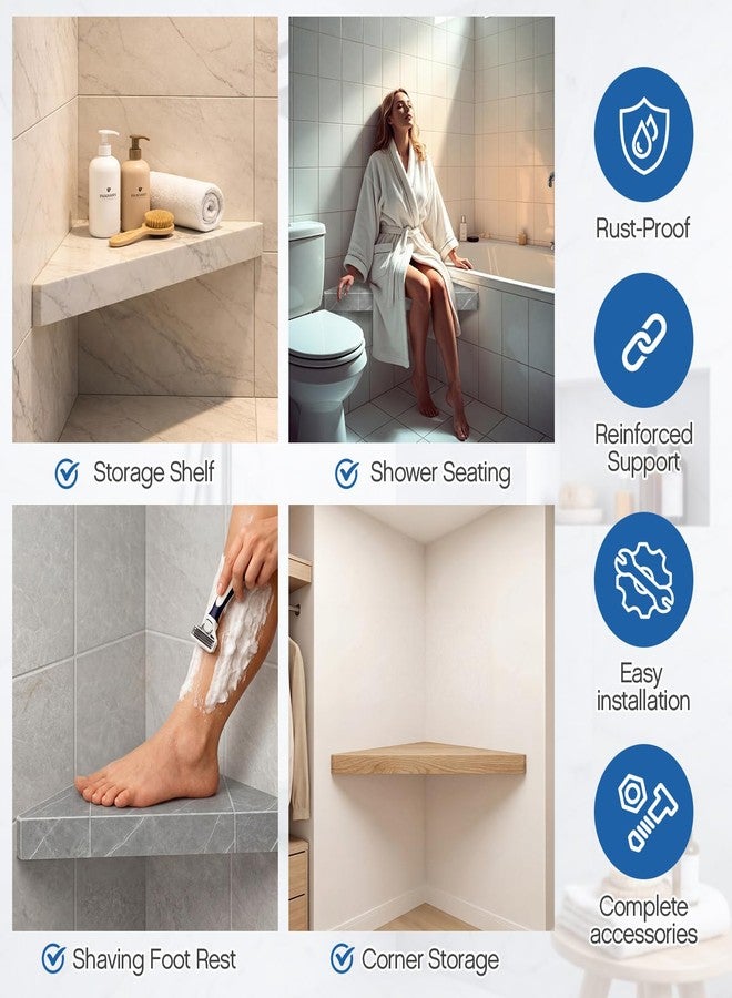 LEIFIDE Floating Corner Shower Bench Kit, 17" x 17" x 24" Wall Mounted Shower Seat Shelf Serves as Stool & Shaving Foot Rest Storage - Image 5