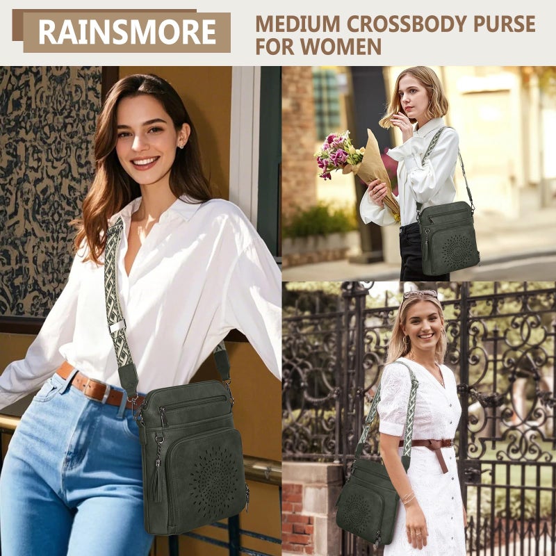 RAINSMORE حقائب كروس من RAINSMORE للنساء من الجلد بتصميم محفظة كروس للنساء وحقائب كتف عصرية متوسطة الحجم ومحفظة للسفر والعمل باللون الأخضر الزيتوني - Image 3