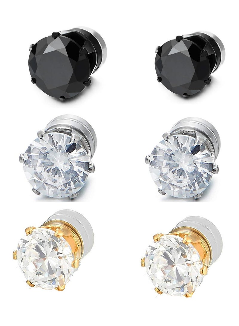EFUMKE Stainless Steel Magnetic Stud Earrings Unisex Non-piercing Hypoallergenic 6mm 3 Pairs - Image 1