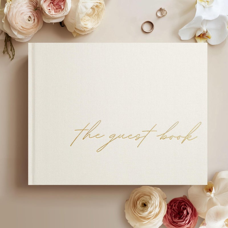 Paperell Wedding Guest Book Guest Book for Wedding Reception with Linen Hardcover Gold Foil Embossing Unlined NoBleed Pages Perfect Keepsake for SignIns Polaroids Ivory