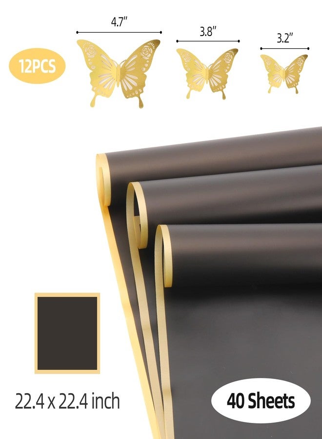 LoveBB 40 Sheets Flower Wrapping Paper, Waterproof Floral Paper Black Wrapping Paper for Flower Bouquet with 12 Pcs Gold Butterfly - Image 2