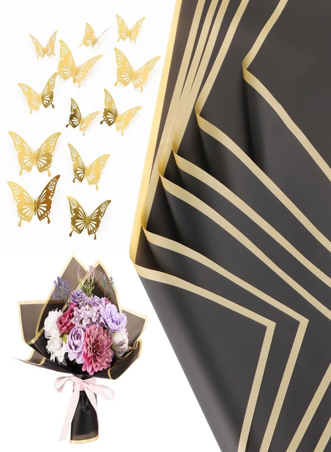 LoveBB 40 Sheets Flower Wrapping Paper, Waterproof Floral Paper Black Wrapping Paper for Flower Bouquet with 12 Pcs Gold Butterfly - Image 1