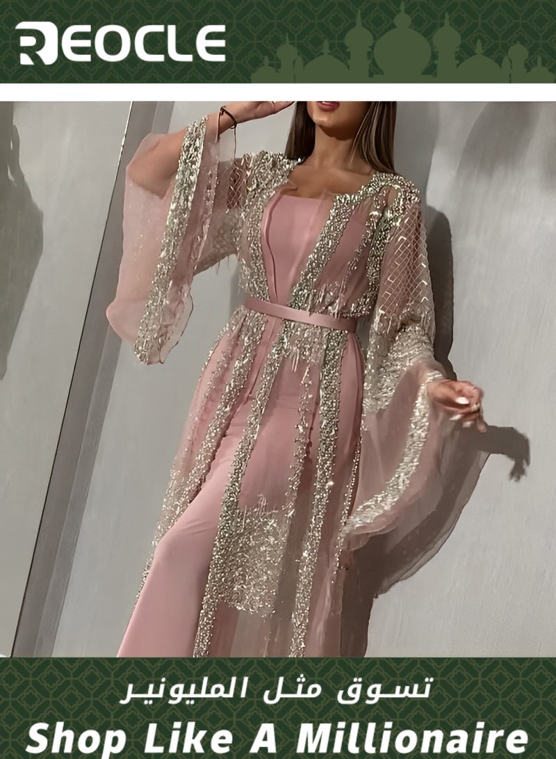 REOCLE Hot Stamping Long Skirt with Shawl and Banquet Evening Dress with Waist Design and Sequined Tulle Long Skirt with Wide Sleeve Design - Image 1