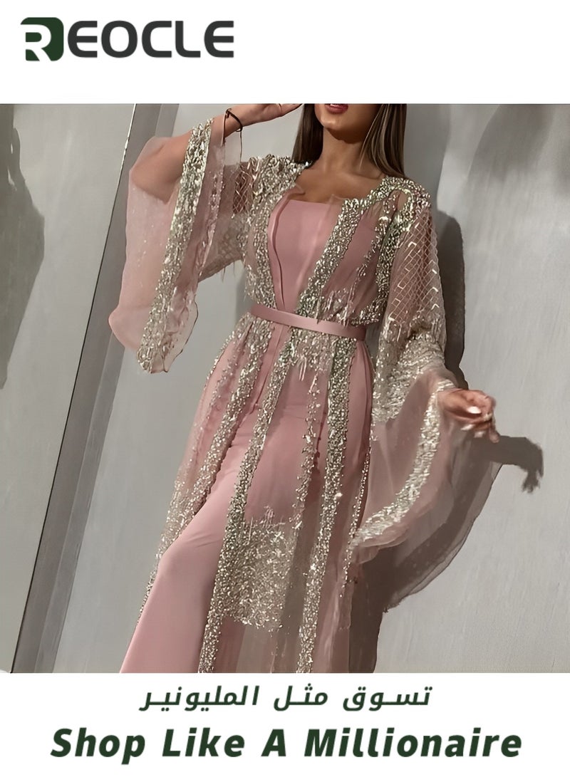 REOCLE Hot Stamping Long Skirt with Shawl and Banquet Evening Dress with Waist Design and Sequined Tulle Long Skirt with Wide Sleeve Design - Image 2