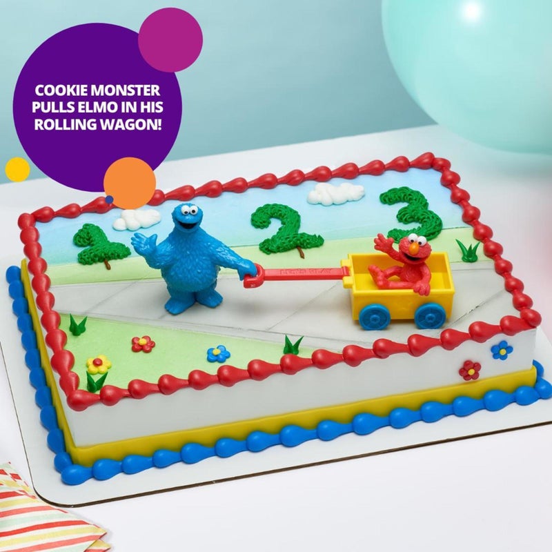 DecoPac DecoSetÂ® Sesame StreetÂ® Let's Play Cake Topper, 2-Piece Birthday Cake Decoration with Cookie Monster and Elmo in a Free-Wheeling Wagon, Ready to Use, Food Safe - Image 2
