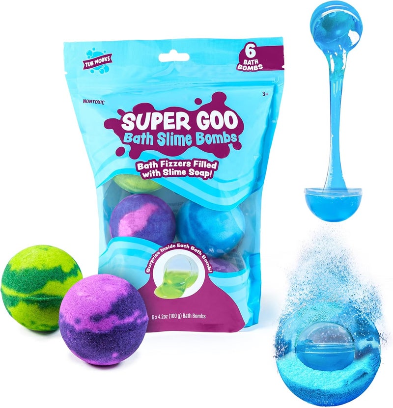 Tub Works Tub Works Super Goo Bath Slime Surprise Bath Bombs 6 Pack  Kids Bath Bombs with Surprise Inside  Nontoxic  Stretchy Squishy Bath Slime Soap Surprise Inside  Sensory Fun Bath Bombs for Kids