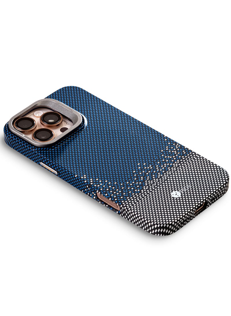 YNOT MagSafe Carbon Fiber Kevlar Protective Case with Camera Holder for iPhone 15 Pro - Blue and white - Image 5