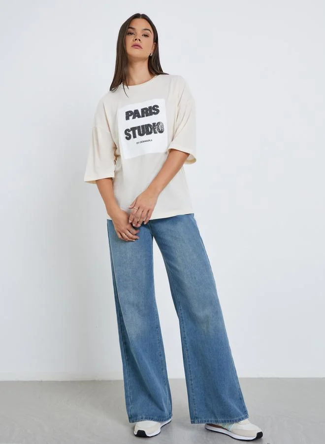Styli Styli Women Beige Sequin Paris Oversized T-Shirt
