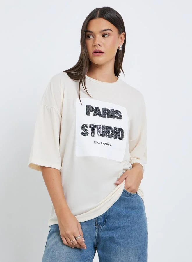 Styli Styli Women Beige Sequin Paris Oversized T-Shirt