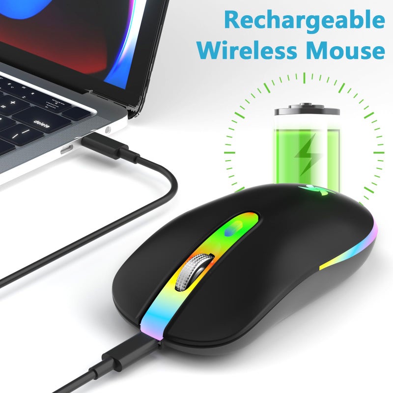 HZD LED Wireless Mouse, Slim Silent Rechargeable Mouse, 2.4G Portable USB Optical Mouse with Type C Adapter, 3 Adjustable DPI Levels 1600/1200/800 for Laptop/Tablet/Computer - Image 2