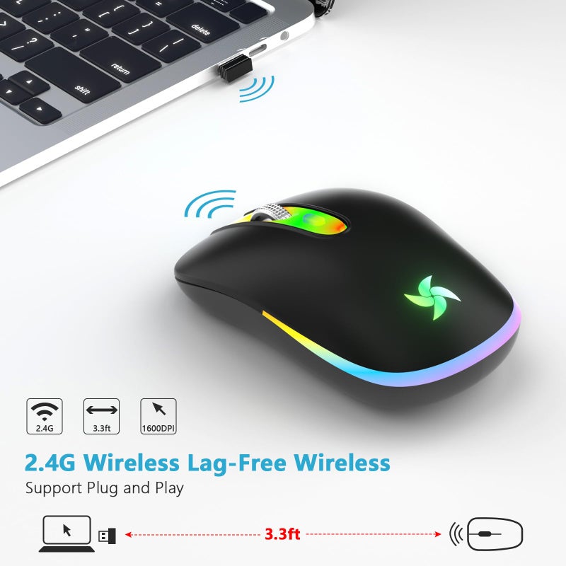 HZD LED Wireless Mouse, Slim Silent Rechargeable Mouse, 2.4G Portable USB Optical Mouse with Type C Adapter, 3 Adjustable DPI Levels 1600/1200/800 for Laptop/Tablet/Computer - Image 3