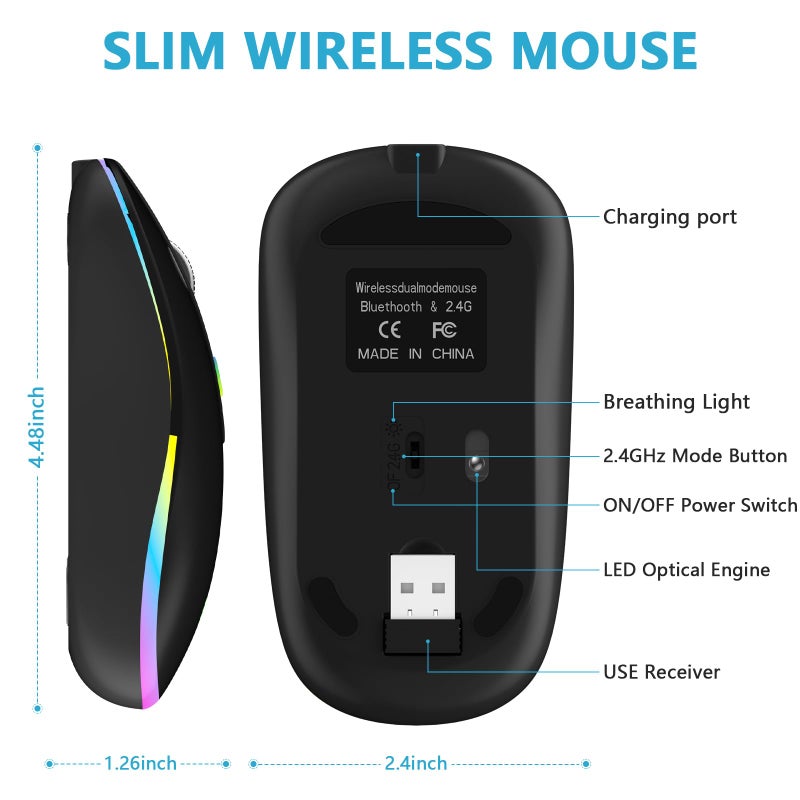 HZD LED Wireless Mouse, Slim Silent Rechargeable Mouse, 2.4G Portable USB Optical Mouse with Type C Adapter, 3 Adjustable DPI Levels 1600/1200/800 for Laptop/Tablet/Computer - Image 4